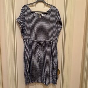 Old Navy Woman XL Linen Blend Dress Short Sleeve Nautical Blue White Stripe